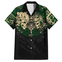 Black short-sleeve Hawaiian shirt with green Aztec skull warrior graphic, button-front