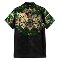 Black short-sleeve Hawaiian shirt with green Aztec skull-and-warrior print, button-front