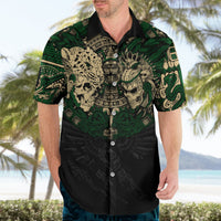 Black short-sleeve Hawaiian shirt with green Aztec skull warrior art, open collar and buttons