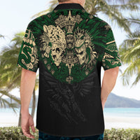 Black short-sleeve Hawaiian shirt, back view with green Aztec skull warrior print