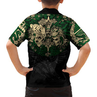 Kids black short-sleeve Hawaiian shirt, back view with green Aztec skull warrior print