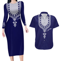 Printed Dashiki African Couples Matching Long Sleeve Bodycon Dress and Hawaiian Shirt Blue - Wonder Print Shop