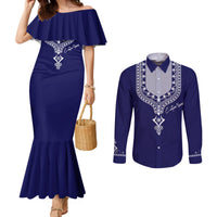 Printed Dashiki African Couples Matching Mermaid Dress and Long Sleeve Button Shirt Blue
