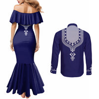 Printed Dashiki African Couples Matching Mermaid Dress and Long Sleeve Button Shirt Blue