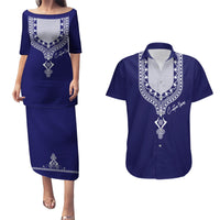 Printed Dashiki African Couples Matching Puletasi and Hawaiian Shirt Blue - Wonder Print Shop