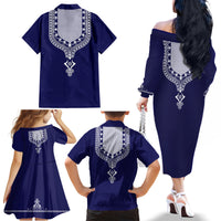 Printed Dashiki African Family Matching Off Shoulder Long Sleeve Dress and Hawaiian Shirt Blue - Wonder Print Shop
