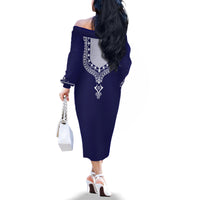 Printed Dashiki African Family Matching Off Shoulder Long Sleeve Dress and Hawaiian Shirt Blue - Wonder Print Shop