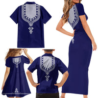 Printed Dashiki African Family Matching Short Sleeve Bodycon Dress and Hawaiian Shirt Blue - Wonder Print Shop
