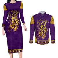 Anubis and Horus Couples Matching Long Sleeve Bodycon Dress and Long Sleeve Button Shirt Egyptian God Purple - Wonder Print Shop