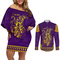 Anubis and Horus Couples Matching Off Shoulder Short Dress and Long Sleeve Button Shirt Egyptian God Purple - Wonder Print Shop
