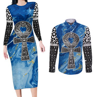 Ankh On Blue Couples Matching Long Sleeve Bodycon Dress and Long Sleeve Button Shirt Pan African - Wonder Print Shop