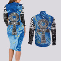 Ankh On Blue Couples Matching Long Sleeve Bodycon Dress and Long Sleeve Button Shirt Pan African - Wonder Print Shop