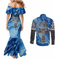 Ankh On Blue Couples Matching Mermaid Dress and Long Sleeve Button Shirt Pan African