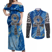Ankh On Blue Couples Matching Off Shoulder Maxi Dress and Long Sleeve Button Shirt Pan African - Wonder Print Shop