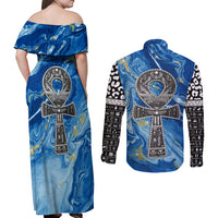 Ankh On Blue Couples Matching Off Shoulder Maxi Dress and Long Sleeve Button Shirt Pan African - Wonder Print Shop