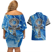 Ankh On Blue Couples Matching Off Shoulder Short Dress and Hawaiian Shirt Pan African - Wonder Print Shop