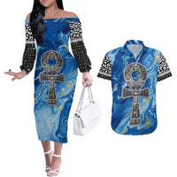 Ankh On Blue Couples Matching Off The Shoulder Long Sleeve Dress and Hawaiian Shirt Pan African - Wonder Print Shop