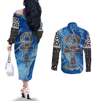 Ankh On Blue Couples Matching Off The Shoulder Long Sleeve Dress and Long Sleeve Button Shirt Pan African