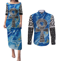 Ankh On Blue Couples Matching Puletasi and Long Sleeve Button Shirt Pan African - Wonder Print Shop