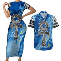 Ankh On Blue Couples Matching Short Sleeve Bodycon Dress and Hawaiian Shirt Pan African - Wonder Print Shop