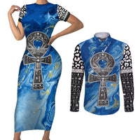 Ankh On Blue Couples Matching Short Sleeve Bodycon Dress and Long Sleeve Button Shirt Pan African - Wonder Print Shop