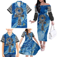 Ankh On Blue Family Matching Off Shoulder Long Sleeve Dress and Hawaiian Shirt Pan African - Wonder Print Shop