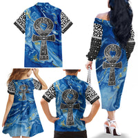 Ankh On Blue Family Matching Off Shoulder Long Sleeve Dress and Hawaiian Shirt Pan African - Wonder Print Shop