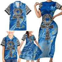 Ankh On Blue Family Matching Short Sleeve Bodycon Dress and Hawaiian Shirt Pan African - Wonder Print Shop