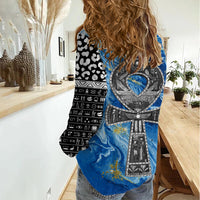 Ankh On Blue Women Casual Shirt Pan African - Wonder Print Shop