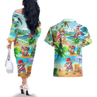 Guam Christmas Couples Matching Off The Shoulder Long Sleeve Dress and Hawaiian Shirt Santa Claus Beach and Wave - Wonder Print Shop