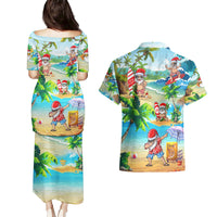 Guam Christmas Couples Matching Puletasi Dress and Hawaiian Shirt Santa Claus Beach and Wave - Wonder Print Shop
