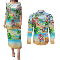 Guam Christmas Couples Matching Puletasi Dress and Long Sleeve Button Shirts Santa Claus Beach and Wave - Wonder Print Shop