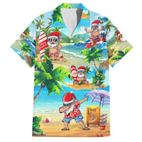 Hawaiian button-up shirt with Santa on beach and ocean wave print, palm trees