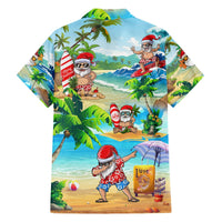 Hawaiian button-up shirt, back print with Santa on beach scene and palm leaves