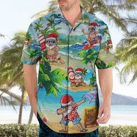 Hawaiian button-up shirt with Santa cartoon beach scene and ocean waves