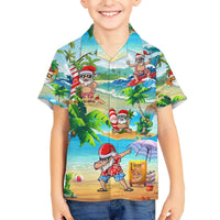 Kids Hawaiian button-up shirt with colorful Santa beach and palm tree print