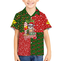 Kids holiday Hawaiian shirt, red and green with Santa, pineapples and Mele Kalikimaka text