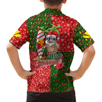 Kids holiday Hawaiian shirt back, red and green with Santa, pineapples and Mele Kalikimaka