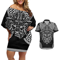Geometric Head Lion Couples Matching Off Shoulder Short Dress and Hawaiian Shirt - Wonder Print Shop