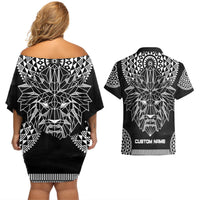 Geometric Head Lion Couples Matching Off Shoulder Short Dress and Hawaiian Shirt - Wonder Print Shop