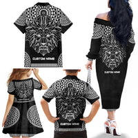 Geometric Head Lion Family Matching Off Shoulder Long Sleeve Dress and Hawaiian Shirt - Wonder Print Shop