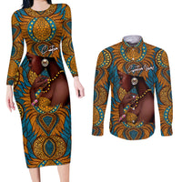 Personalized Black Girl Flora Couples Matching Long Sleeve Bodycon Dress and Long Sleeve Button Shirt African Women - Wonder Print Shop