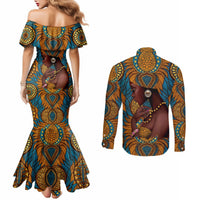 Personalized Black Girl Flora Couples Matching Mermaid Dress and Long Sleeve Button Shirt African Women