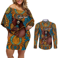 Personalized Black Girl Flora Couples Matching Off Shoulder Short Dress and Long Sleeve Button Shirt African Women - Wonder Print Shop