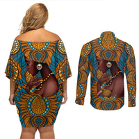 Personalized Black Girl Flora Couples Matching Off Shoulder Short Dress and Long Sleeve Button Shirt African Women - Wonder Print Shop