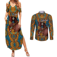 Personalized Black Girl Flora Couples Matching Summer Maxi Dress and Long Sleeve Button Shirt African Women - Wonder Print Shop