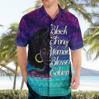 Hawaiian shirt on model with purple-blue teal pattern and Black Strong Woman Blessed graphic
