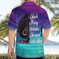 Back view Hawaiian shirt on model with purple-blue teal pattern and Black Strong Woman Blessed graphic