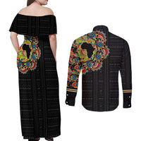 Personalized Sleeve African Pattern Couples Matching Off Shoulder Maxi Dress and Long Sleeve Button Shirt Multi-Colored - Wonder Print Shop