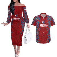 Personalized Czech Republic Football 2024 Couples Matching Off The Shoulder Long Sleeve Dress and Hawaiian Shirt Trophy Wing Style - Wonder Print Shop